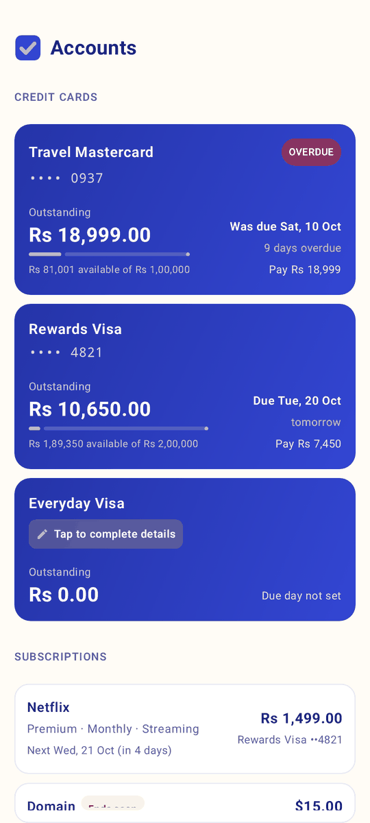 Dekita को Accounts स्क्रिन: क्रेडिट कार्डको बाँकी, तिर्ने मिति र सब्सक्रिप्सन (नमुना डेटा)