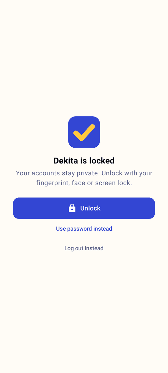 Dekita को लक स्क्रिन: "Dekita is locked", Unlock बटन र पासवर्ड प्रयोग गर्ने विकल्प